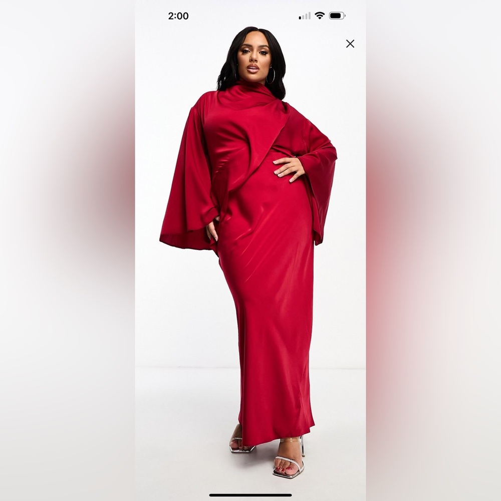 Satin maxi dress with drape bodice and kimono sleeve in deep red.